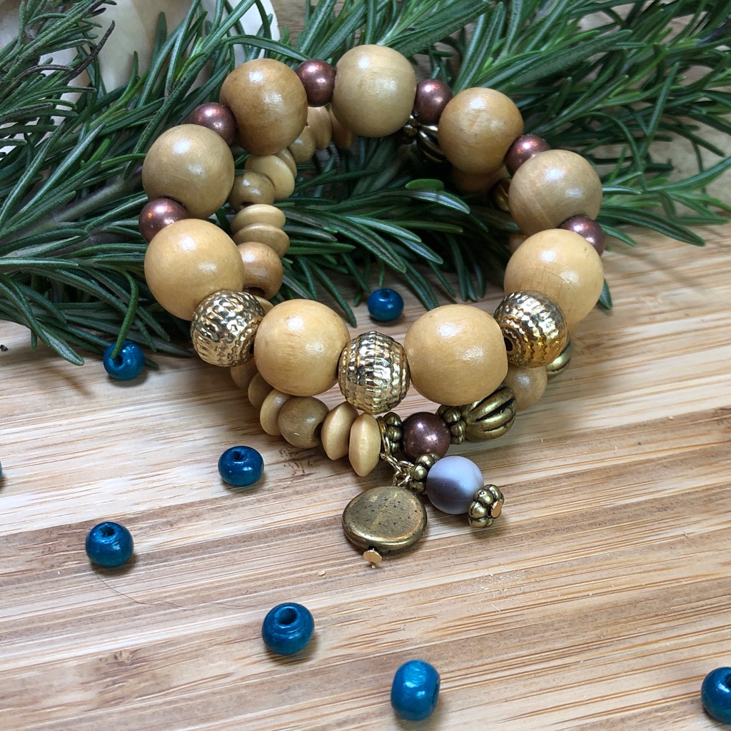 Boho Wooden Bead Stretch Bracelets 2 Piece Stacking